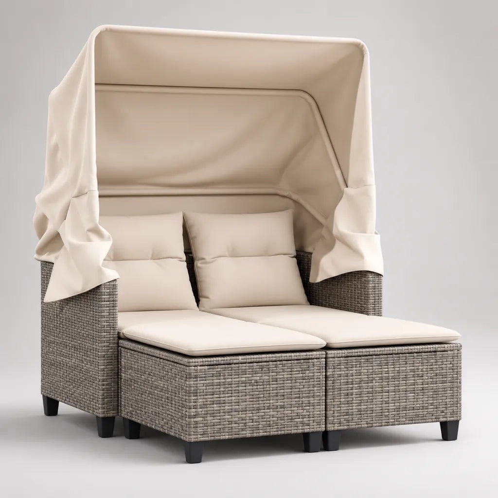 Divano da giardino a 2 posti, 3 pezzi in rattan PE grigio con cuscini e tettuccio beige, 145 × 135 × 180 cm