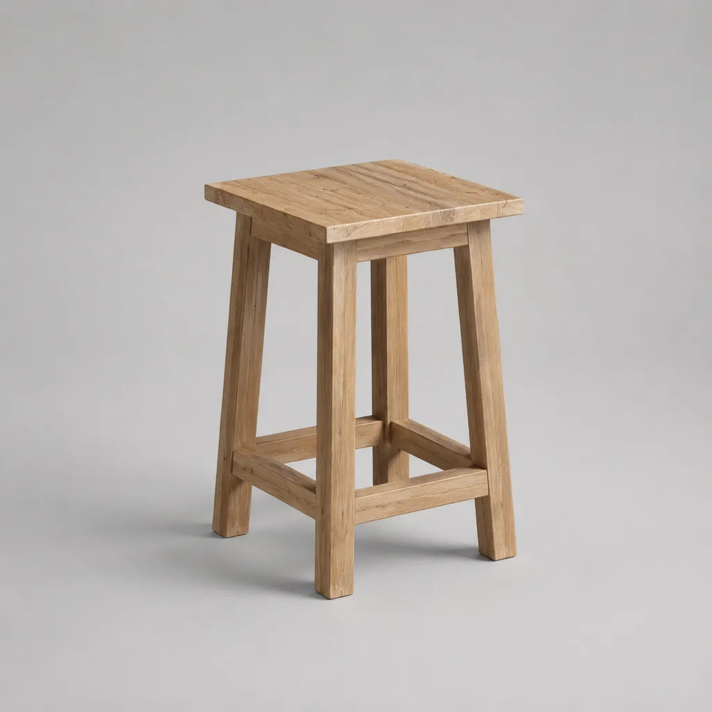 Sgabello alto da cucina in legno massello di quercia naturale, seduta quadrata, 40 x 35 x 65 cm