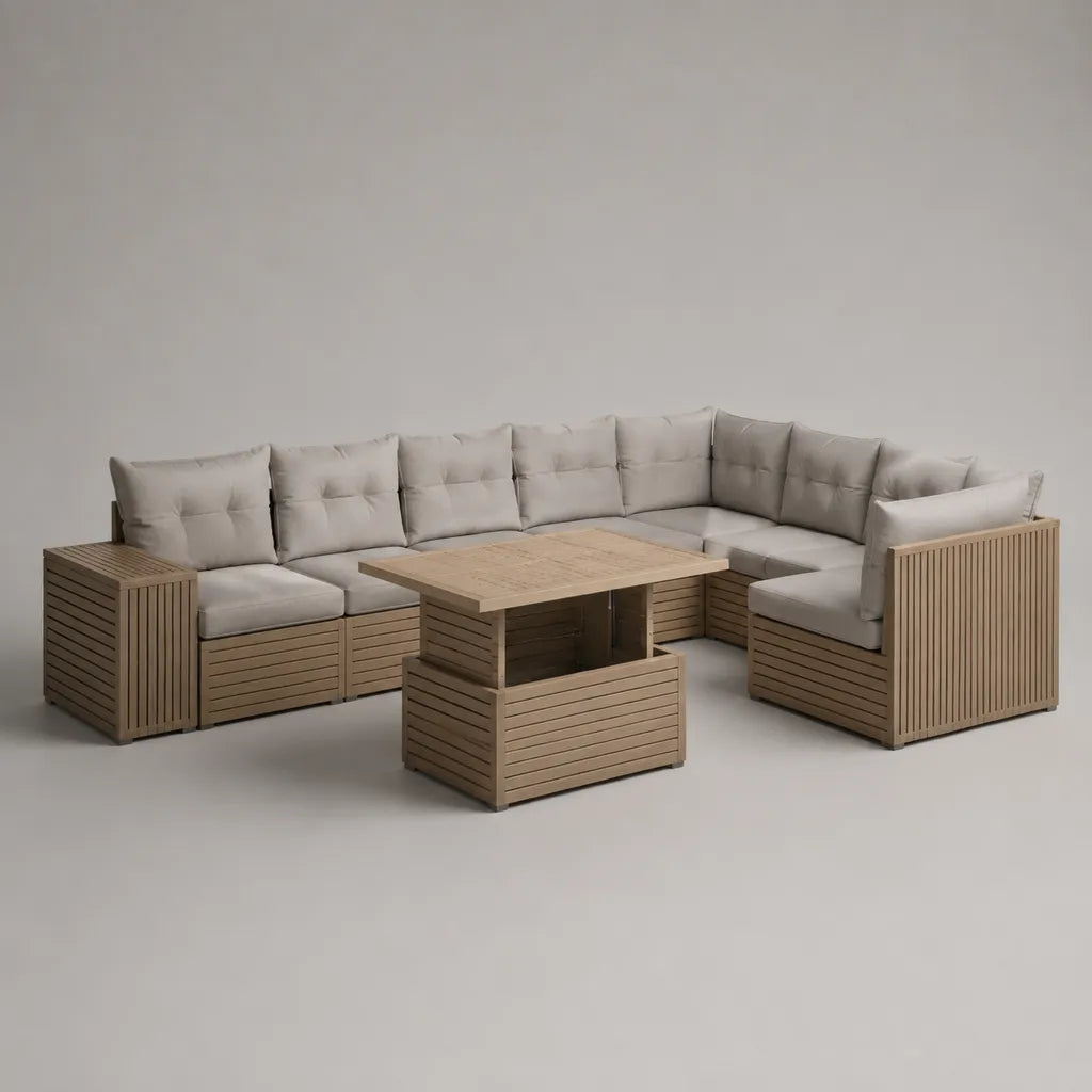 Salotto modulare da esterno a U a 7 posti, 8 pezzi in legno con tavolo elevabile e cuscini beige, 280 x 215 x 72 cm