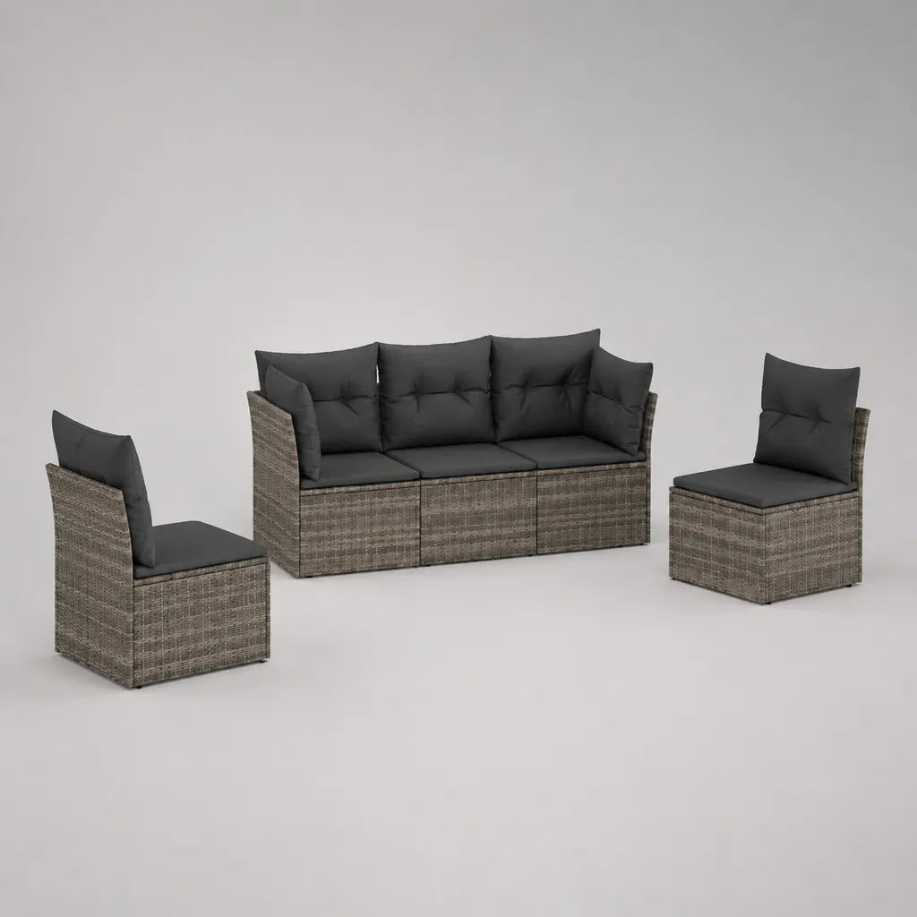 Set da giardino per esterno a 5 posti in polyrattan grigio con divano 184 x 70 x 76 cm, 2 poltrone 63 x 70 x 76 cm e cuscini antracite