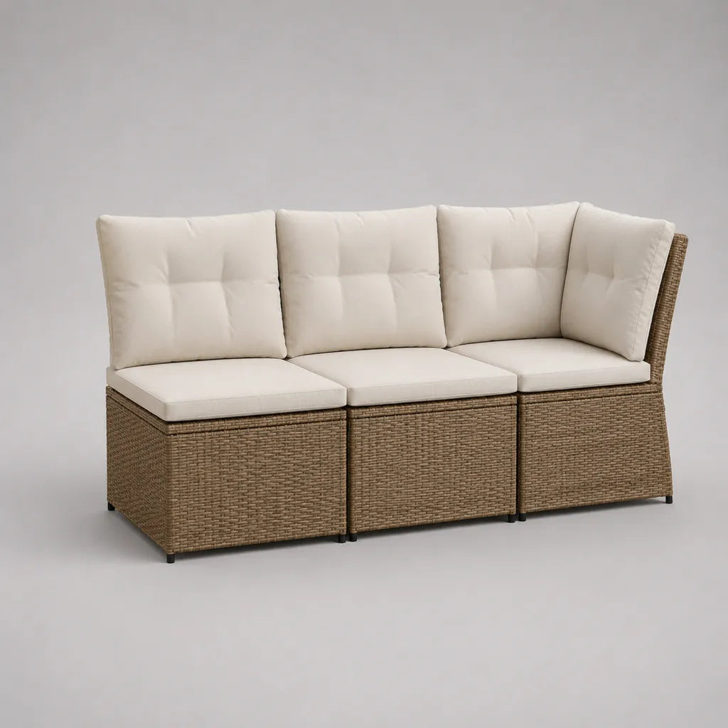 Divano modulare da esterno a 3 posti, 3 moduli in polyrattan marrone con cuscini crema, 180 x 65 x 74 cm