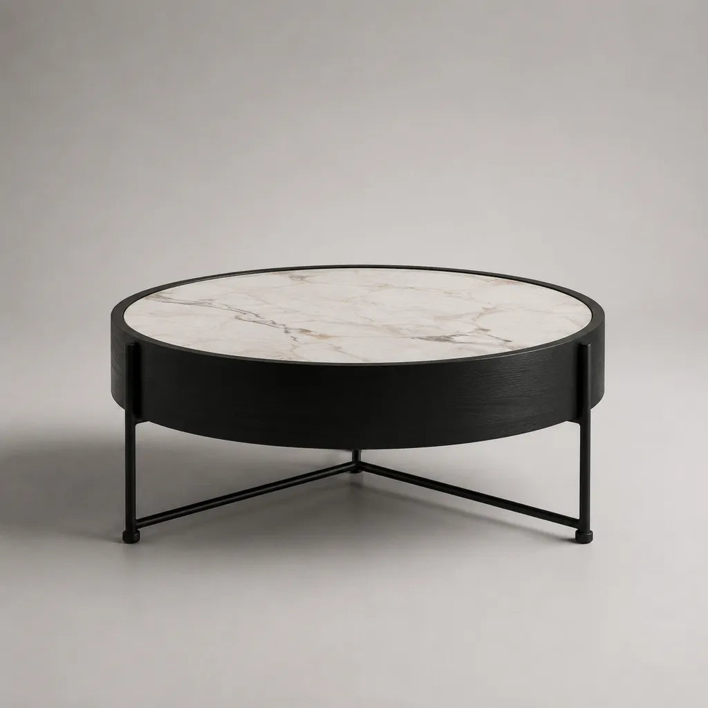 Tavolino da caffè rotondo in MDF e acciaio, bianco marmorizzato e nero, Ø 80 × 40 cm