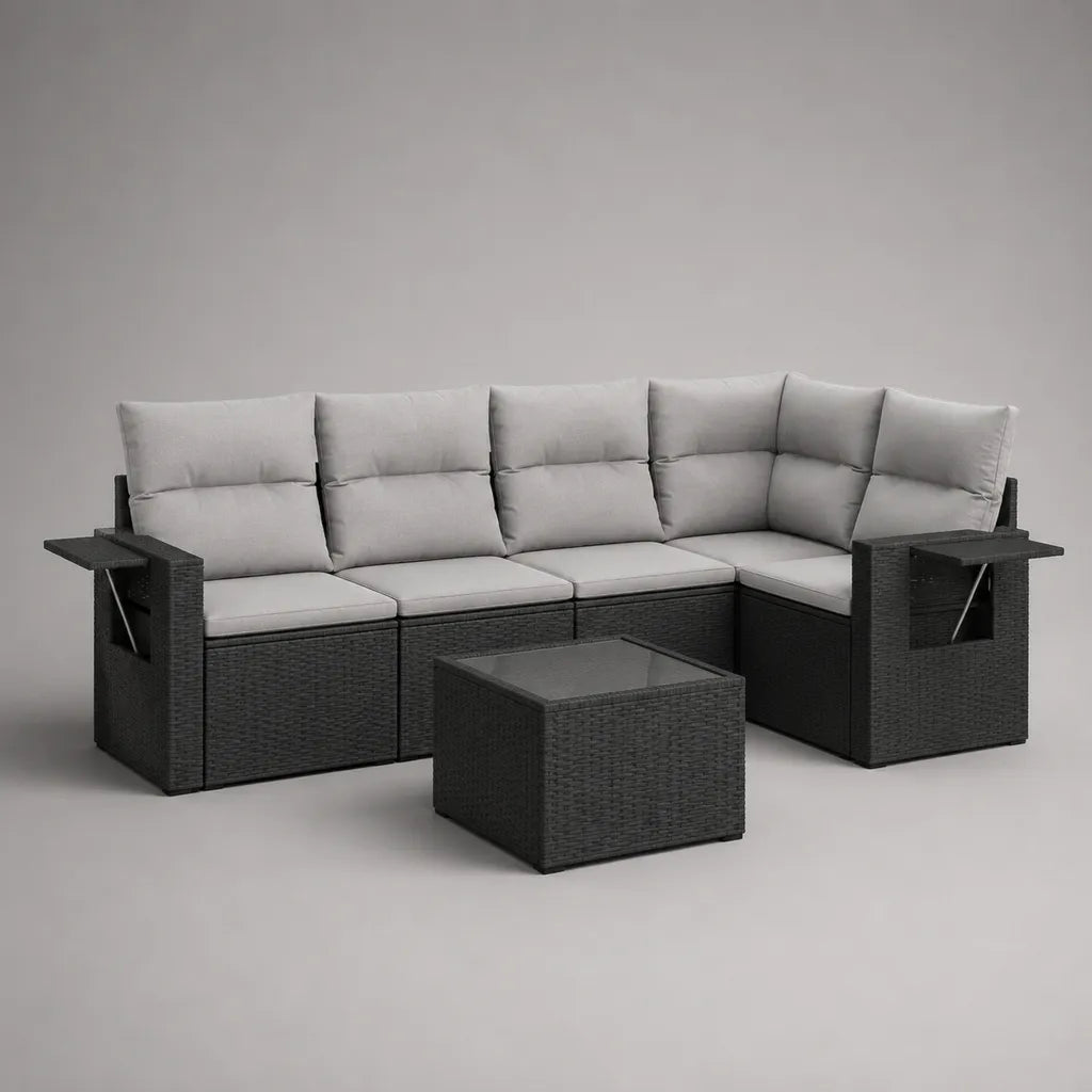 Set da giardino angolare 6 pezzi in polyrattan PE antracite con cuscini grigio chiaro, divano 250 x 190 x 82 cm e tavolino 70 x 70 x 40 cm