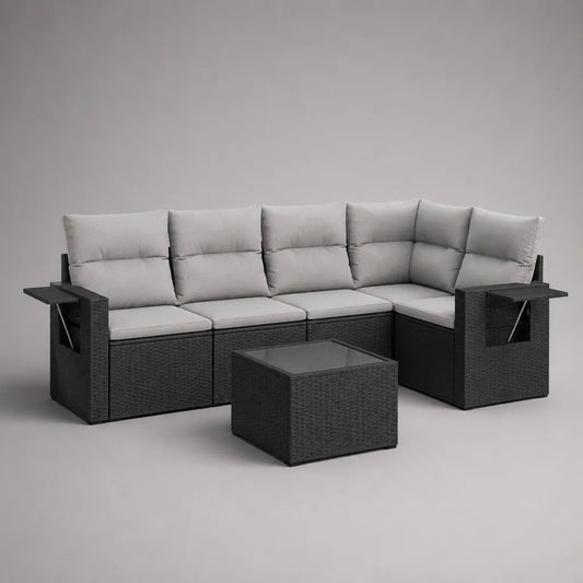 Set da giardino angolare 6 pezzi in polyrattan PE antracite con cuscini grigio chiaro, divano 250 x 190 x 82 cm e tavolino 70 x 70 x 40 cm