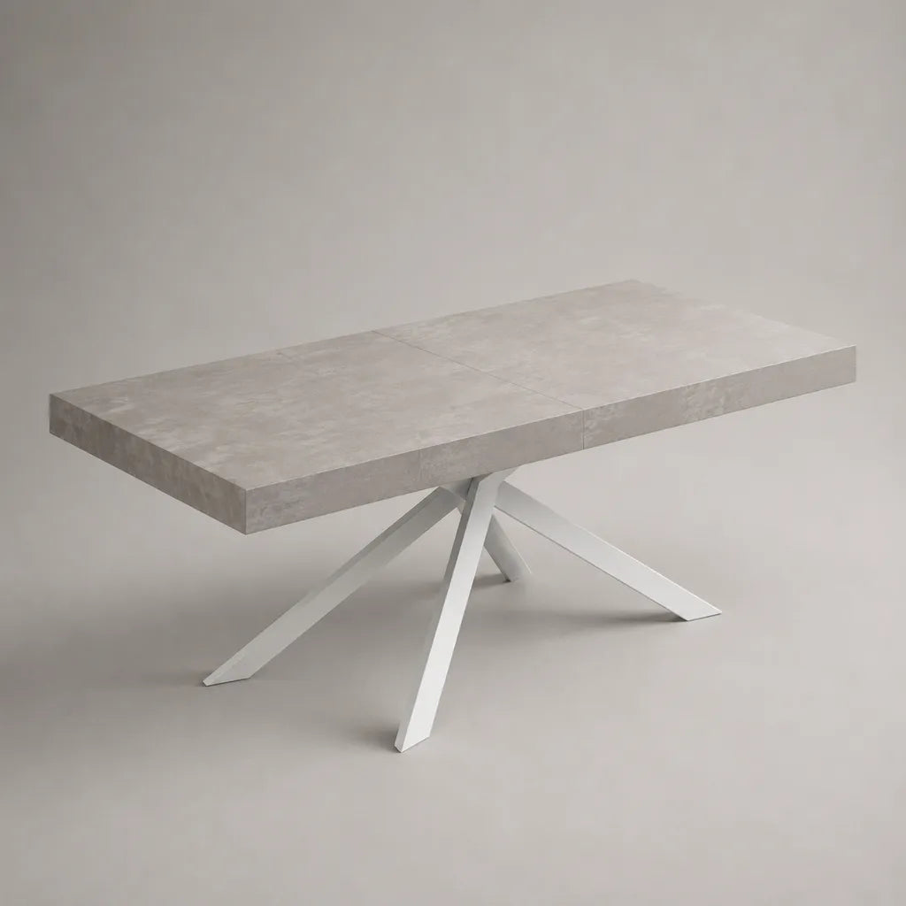 Tavolo da pranzo rettangolare allungabile in MDF melaminico e acciaio, grigio cemento e bianco, 160-240 × 90 × 76 cm