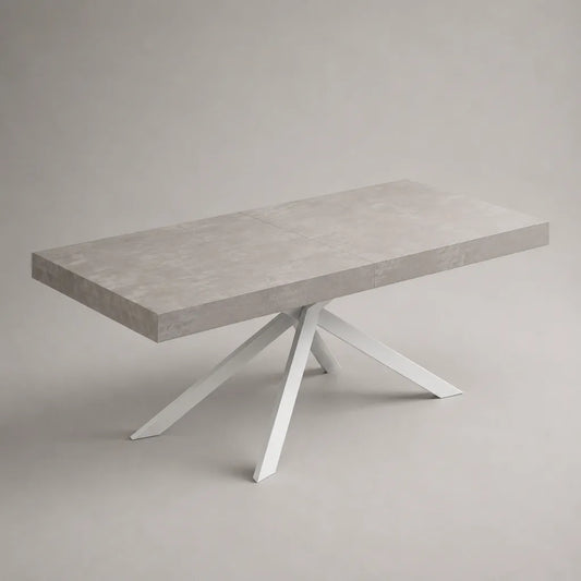 Tavolo da pranzo rettangolare allungabile in MDF melaminico e acciaio, grigio cemento e bianco, 160-240 × 90 × 76 cm