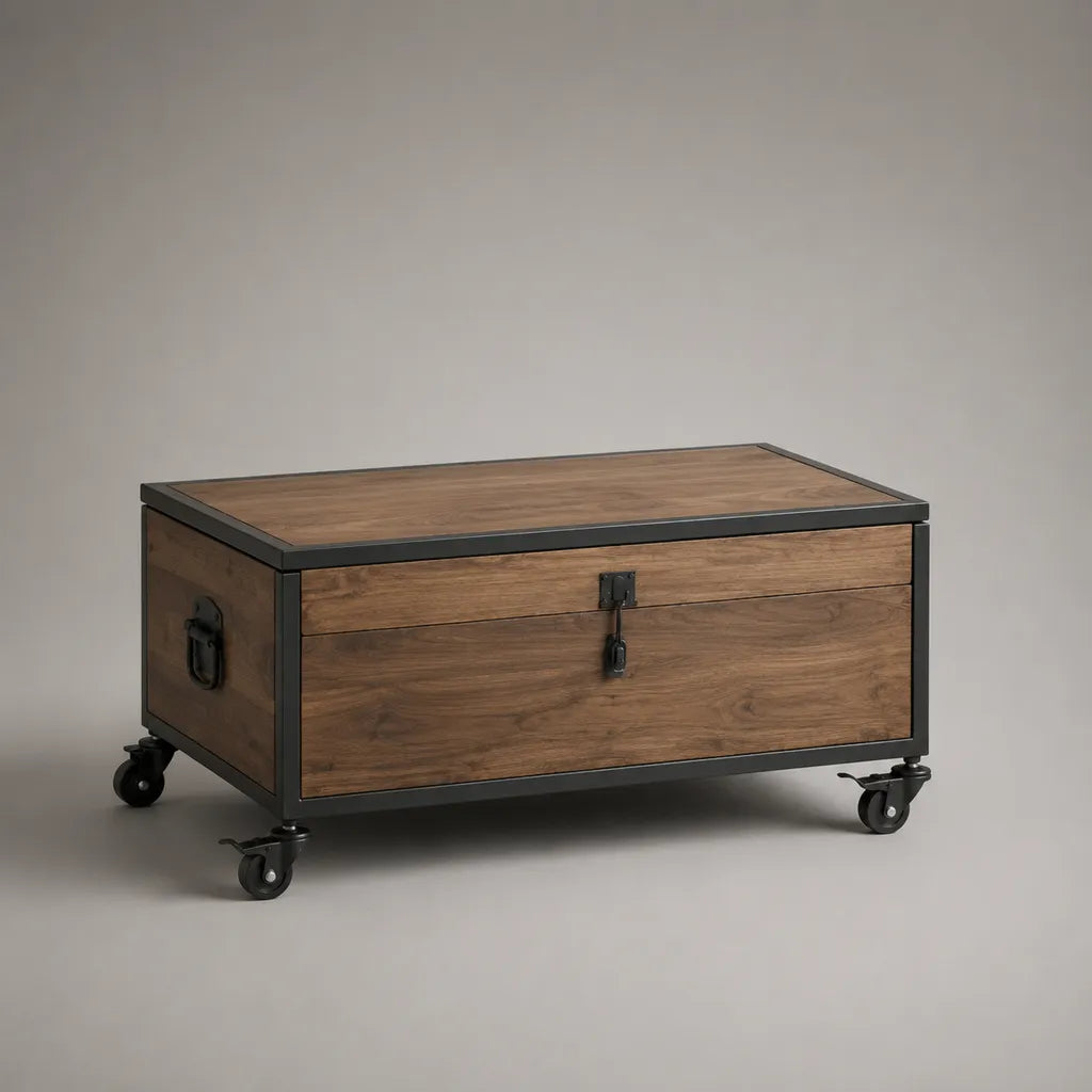 Tavolino da caffè contenitore rettangolare in legno massello di pino e acciaio con ruote, marrone noce e nero, 90 × 55 × 46 cm