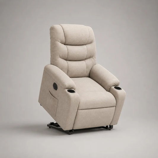 Poltrona relax alzapersona elettrica in tessuto beige con 2 portabicchieri, 86 x 94 x 108 cm