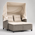 Divano da giardino a 2 posti, 3 pezzi in rattan PE grigio con cuscini e tettuccio beige, 145 × 135 × 180 cm