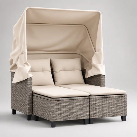 Divano da giardino a 2 posti, 3 pezzi in rattan PE grigio con cuscini e tettuccio beige, 145 × 135 × 180 cm