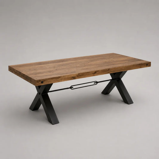 Tavolo da pranzo rettangolare in legno massello di acacia e acciaio nero, 180 × 90 × 76 cm