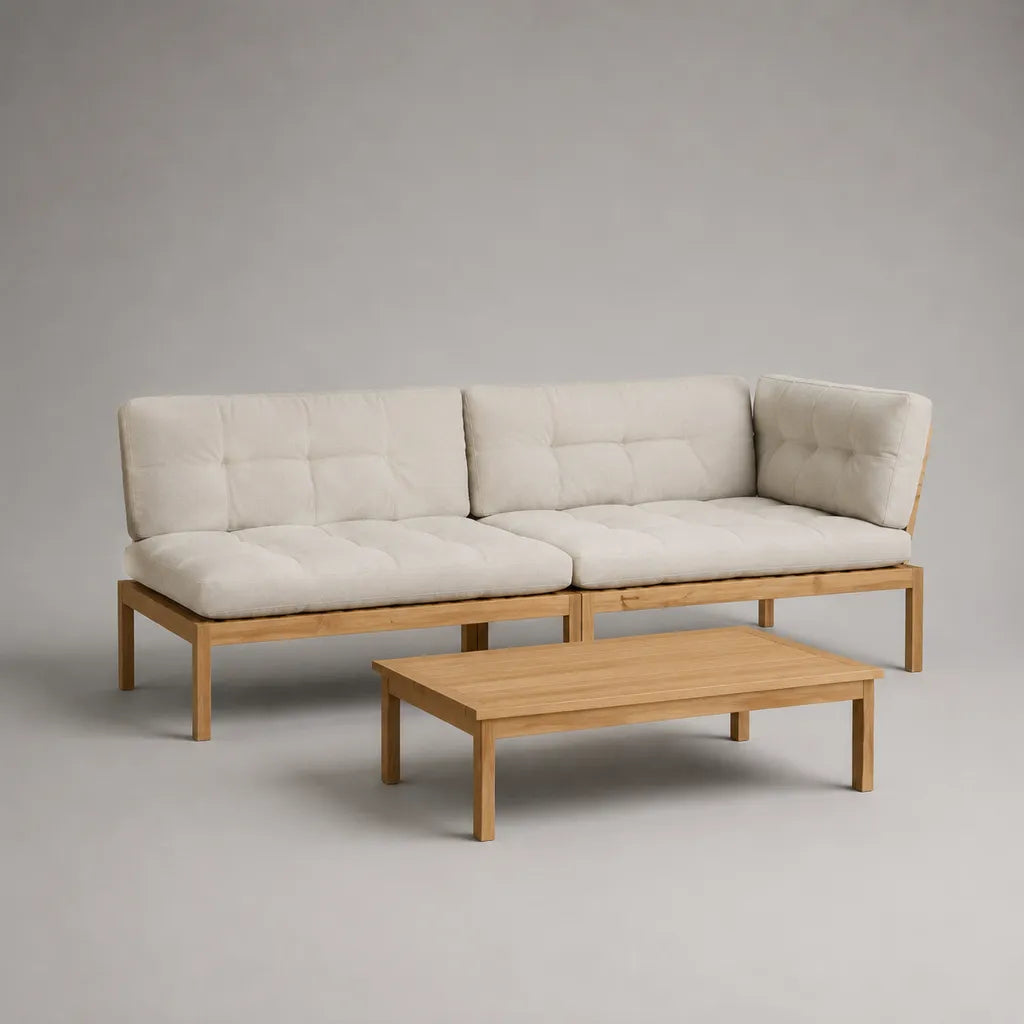 Set da giardino 3 pezzi in legno con divano modulare 3 posti beige 200 x 75 x 72 cm e tavolino 110 x 60 x 35 cm