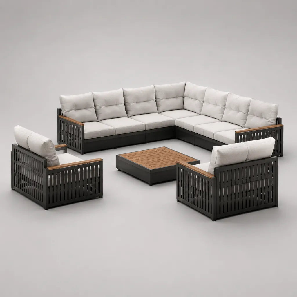 Salotto da esterno 4 pezzi con divano angolare 7 posti 286 x 286 cm, 2 poltrone e tavolino 90 x 90 cm, alluminio, legno e corda, grigio antracite, beige e marrone naturale