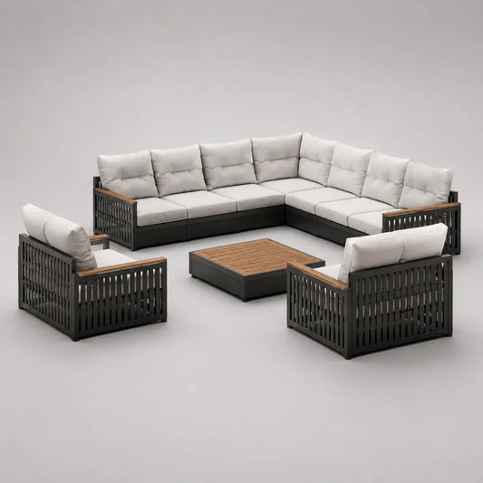 Salotto da esterno 4 pezzi con divano angolare 7 posti 286 x 286 cm, 2 poltrone e tavolino 90 x 90 cm, alluminio, legno e corda, grigio antracite, beige e marrone naturale