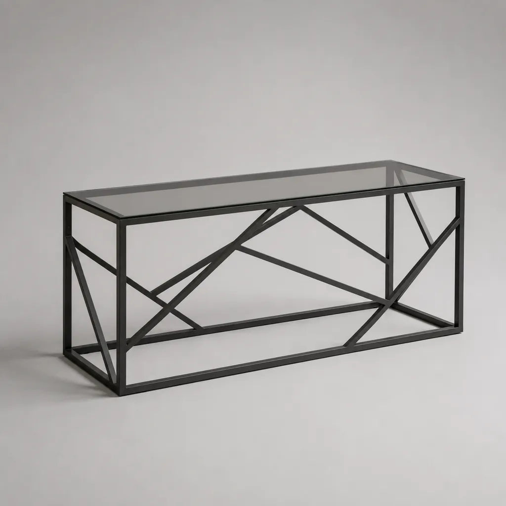 Tavolino da caffè rettangolare in vetro e acciaio nero, 110 × 55 × 45 cm