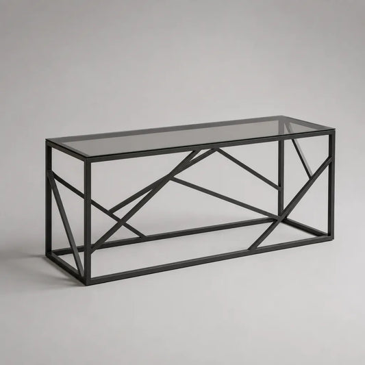 Tavolino da caffè rettangolare in vetro e acciaio nero, 110 × 55 × 45 cm