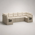 Set divano angolare da esterno a 5 posti in rattan PE e acciaio con 2 contenitori, beige e crema, 290 x 185 x 78 cm