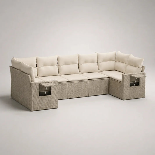 Set divano angolare da esterno a 5 posti in rattan PE e acciaio con 2 contenitori, beige e crema, 290 x 185 x 78 cm
