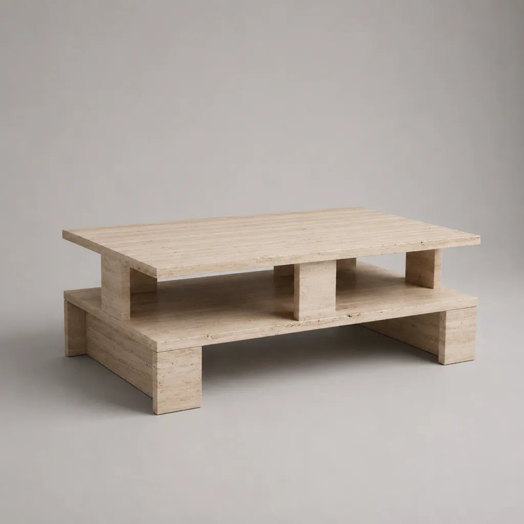 Tavolino da caffè rettangolare beige in MDF rivestito in travertino naturale, 120 × 70 × 42 cm