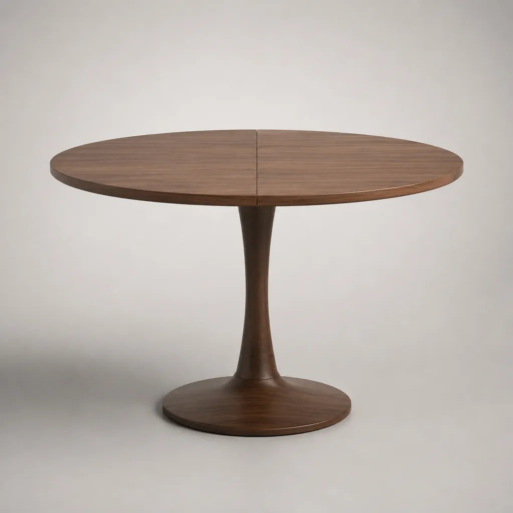 Tavolo da pranzo rotondo allungabile in legno con piedistallo centrale, marrone noce, 120-160 × 120 × 75 cm