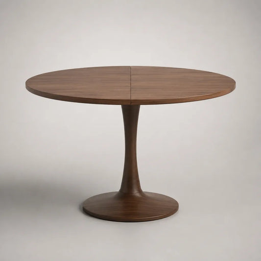 Tavolo da pranzo rotondo allungabile in legno con piedistallo centrale, marrone noce, 120-160 × 120 × 75 cm