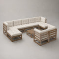 Salotto da giardino a U 9 pezzi in legno con cuscini crema, 330 x 206 x 72 cm