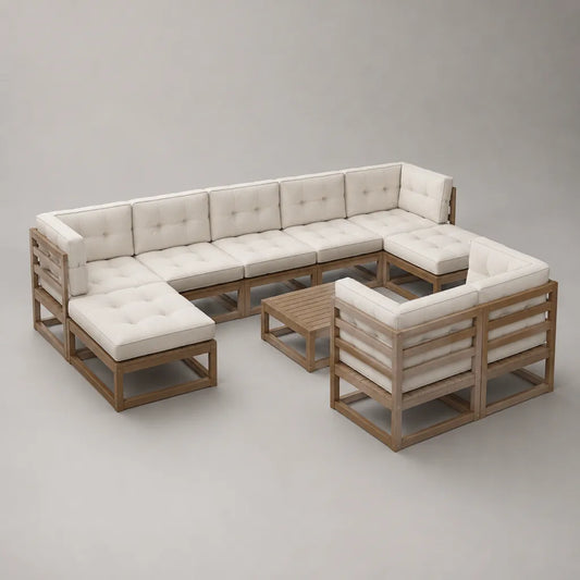 Salotto da giardino a U 9 pezzi in legno con cuscini crema, 330 x 206 x 72 cm