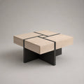 Tavolino da caffè quadrato in travertino e acciaio nero, 90 × 90 × 40 cm