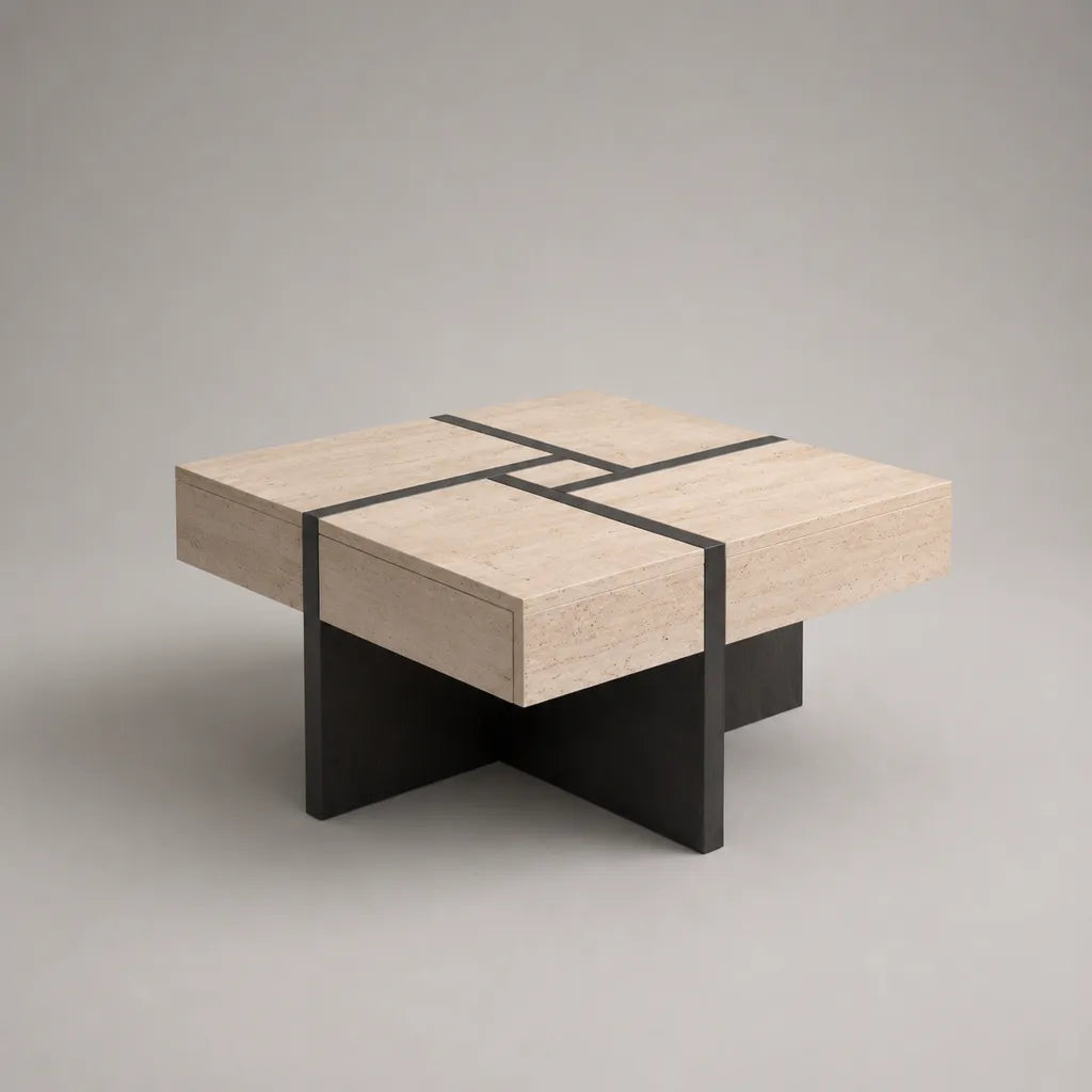 Tavolino da caffè quadrato in travertino e acciaio nero, 90 × 90 × 40 cm