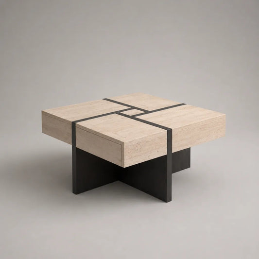 Tavolino da caffè quadrato in travertino e acciaio nero, 90 × 90 × 40 cm