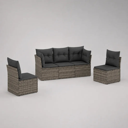 Set da giardino per esterno a 5 posti in polyrattan grigio con divano 184 x 70 x 76 cm, 2 poltrone 63 x 70 x 76 cm e cuscini antracite