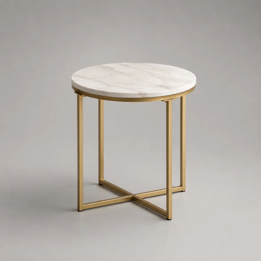 Tavolino rotondo in MDF effetto marmo con struttura in acciaio dorato, Ø 50 × H 55 cm