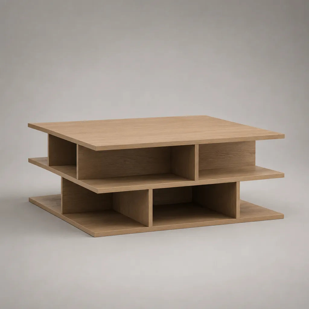 Tavolino da caffè quadrato in pannello truciolare melaminico, rovere naturale, 90 x 90 x 45 cm, con vani aperti