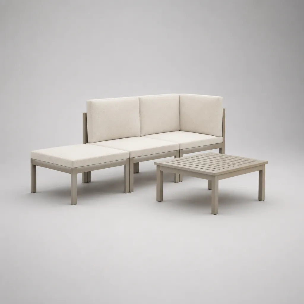 Set divano modulare da esterno 4 pezzi in metallo e tessuto beige e avorio, ingombro 210 x 145 x 75 cm