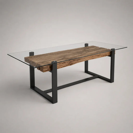 Tavolo da pranzo rettangolare 180 x 90 x 76 cm con piano in vetro, inserto in legno e telaio in acciaio nero