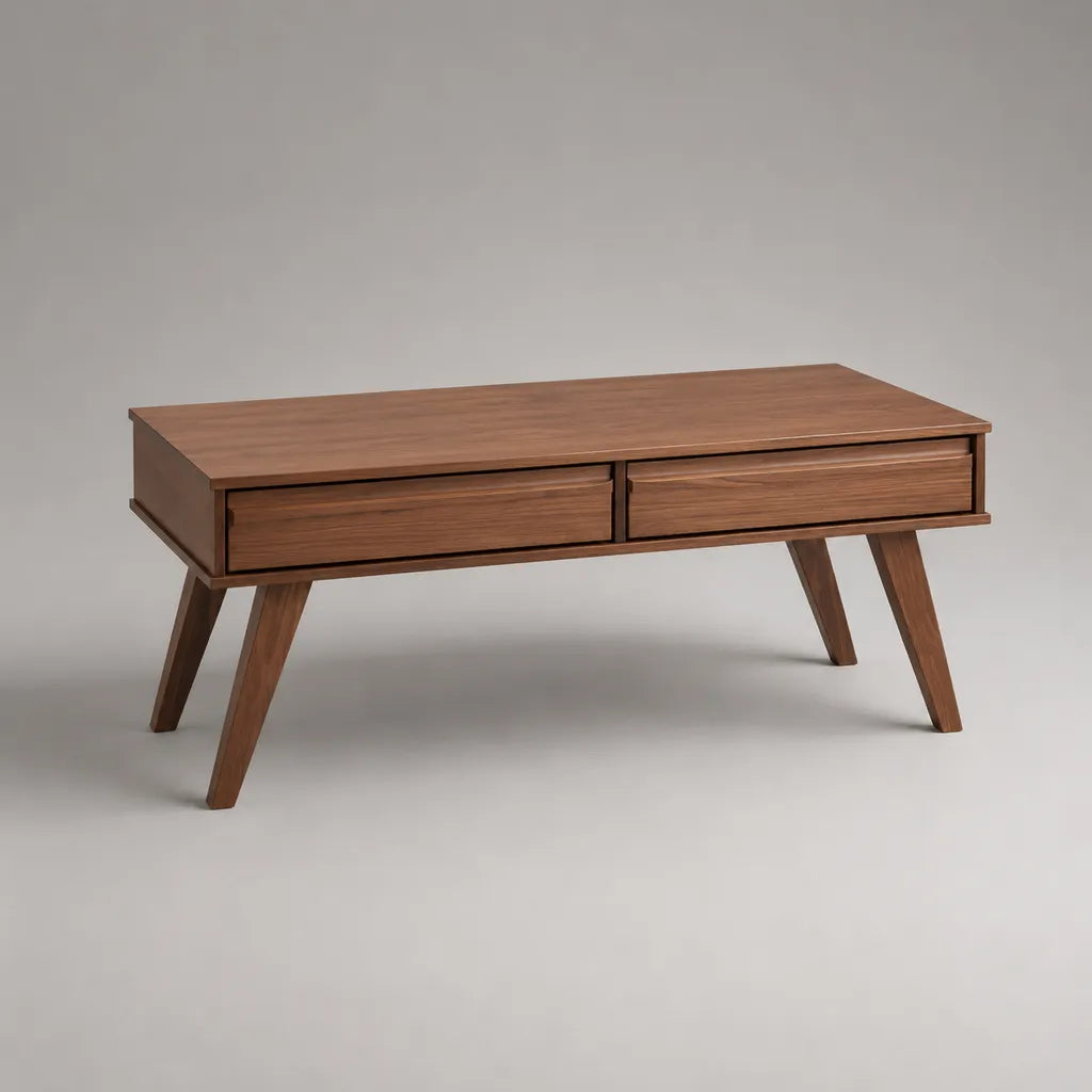 Tavolino da caffè rettangolare in legno impiallacciato color noce con 2 cassetti, 110 × 55 × 45 cm