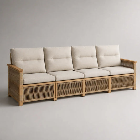 Divano modulare da giardino a 4 posti, set di 4 moduli in legno e corda di polipropilene, beige naturale e crema, 280 × 82 × 85 cm