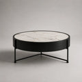 Tavolino da caffè rotondo in MDF e acciaio, bianco marmorizzato e nero, Ø 80 × 40 cm