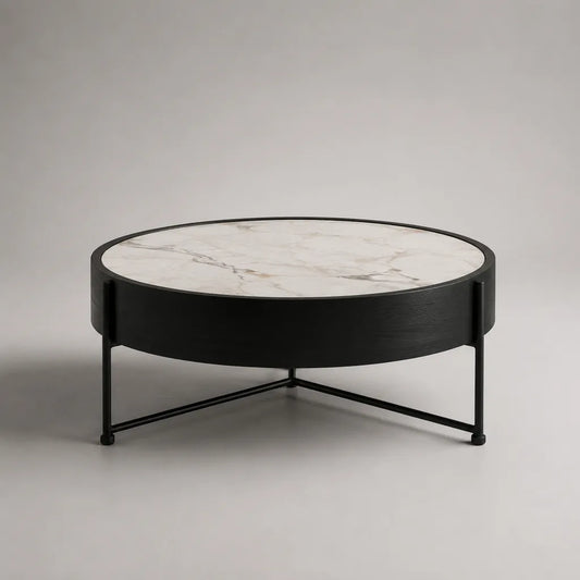 Tavolino da caffè rotondo in MDF e acciaio, bianco marmorizzato e nero, Ø 80 × 40 cm