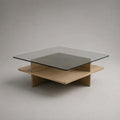 Tavolino da caffè quadrato in vetro e legno, trasparente e rovere naturale, 90 × 90 × 35 cm