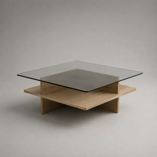Tavolino da caffè quadrato in vetro e legno, trasparente e rovere naturale, 90 × 90 × 35 cm