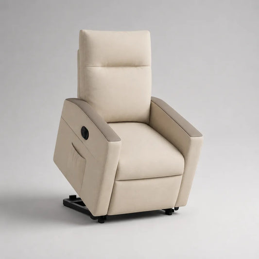 Poltrona relax elettrica alzapersona con schienale alto in microfibra di poliestere beige, 76 x 91 x 105 cm
