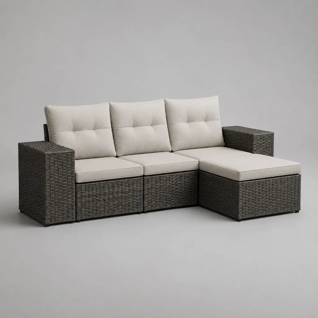 Divano angolare componibile da esterno a 3 posti, set di 5 pezzi in rattan PE grigio antracite con cuscini beige, 227 x 145 x 84 cm