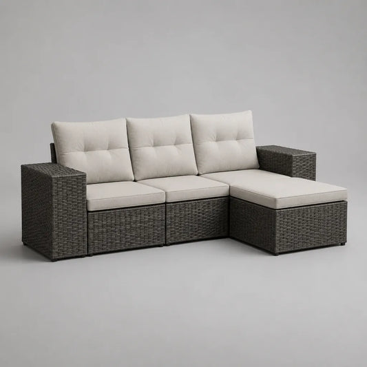 Divano angolare componibile da esterno a 3 posti, set di 5 pezzi in rattan PE grigio antracite con cuscini beige, 227 x 145 x 84 cm